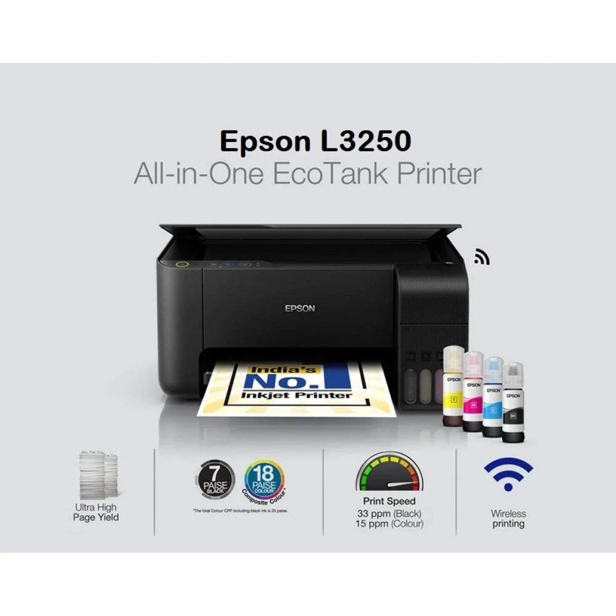 طابعة حبر متعددة الوظائف EPSON EcoTank L3250 واي فاي الكل في واحد سوداء - Thumbnail 2