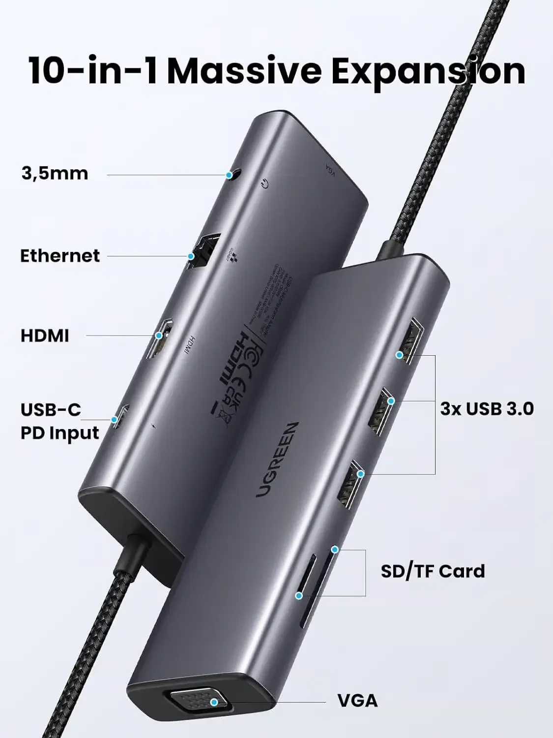 محول متعدد المنافذ Ugreen USB-C 10 في 1 بدقة 4K 30Hz وقدرة 100W مع إيثرنت وVGA وSD/TF ومنفذ صوت 3.5 مم 15601 - Thumbnail 3
