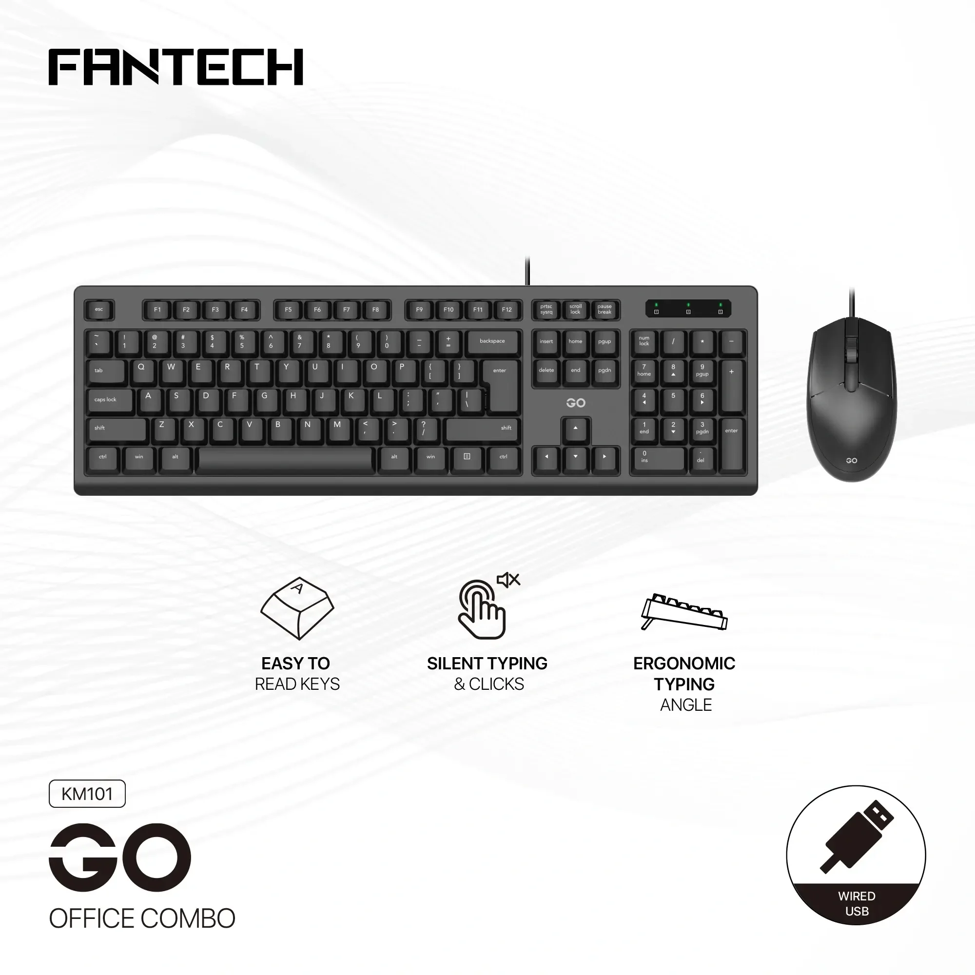 طقم كيبورد وماوس مكتبي Fantech KM101 GO صامت بغشاء مع مفاتيح عربية - Image 3