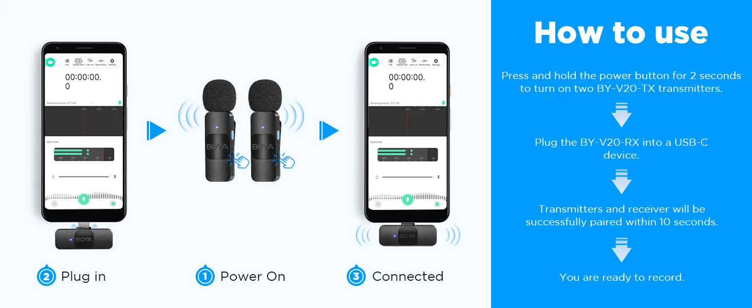 Boya BY-V20 USB-C Wireless Lavalier Microphone with Noise Cancellation - Black - Thumbnail 14