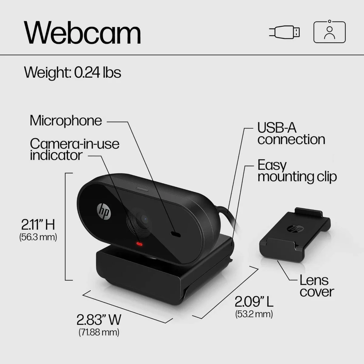 HP 325 FHD Webcam, 1920 x 1080, 66° Field of View, Built-in Microphone - Thumbnail 4