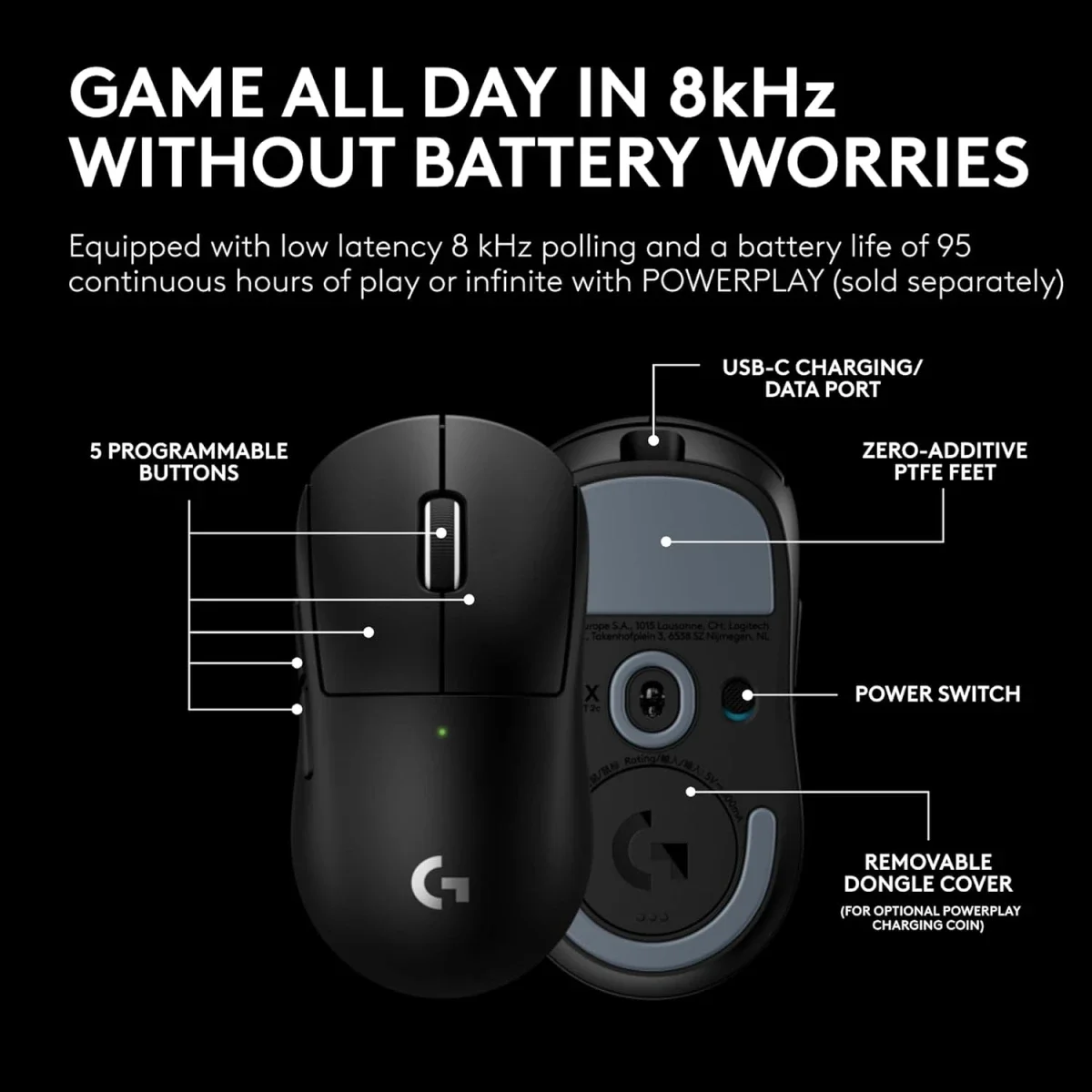 Logitech G PRO X SUPERLIGHT 2c Wireless Gaming Mouse, 44K DPI, 8 kHz, Black - Thumbnail 3