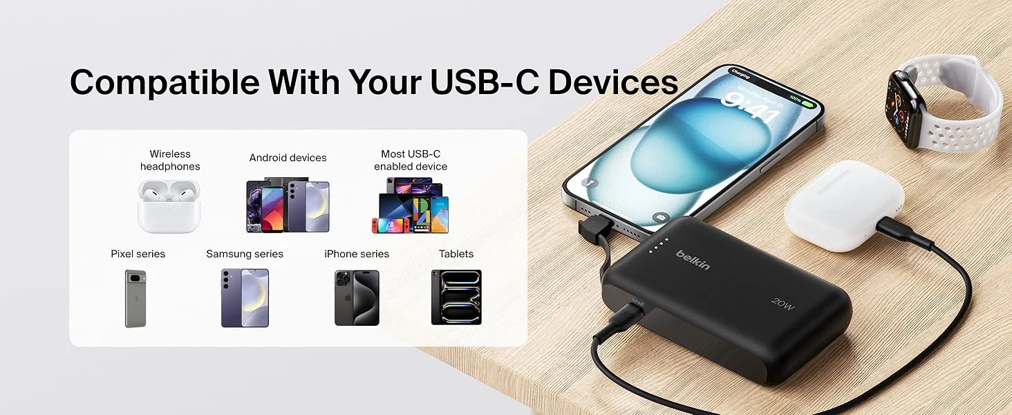بطارية محمولة Belkin BoostCharge بسعة 10000mAh مع كابل USB-C مدمج وشحن PD بقوة 20W - أسود - Thumbnail 16