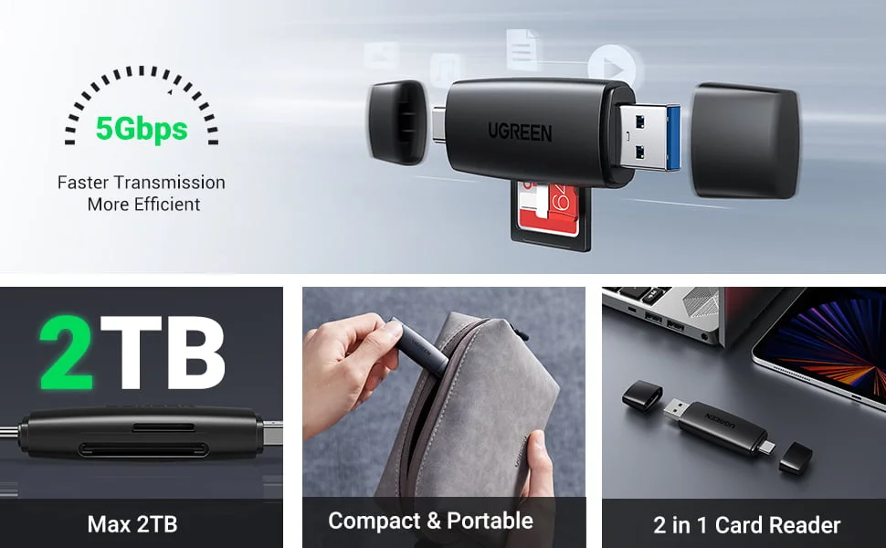 قارئ بطاقات Ugreen 80191-CM304 TF/SD بمنفذي USB-C وUSB-A 3.0 - Thumbnail 7