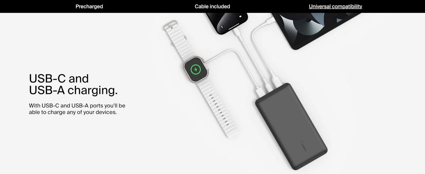 Belkin BPB012BTBK BoostCharge 20,000mAh USB-C Power Bank with 2 USB-A Ports, 15W, Black - Thumbnail 11