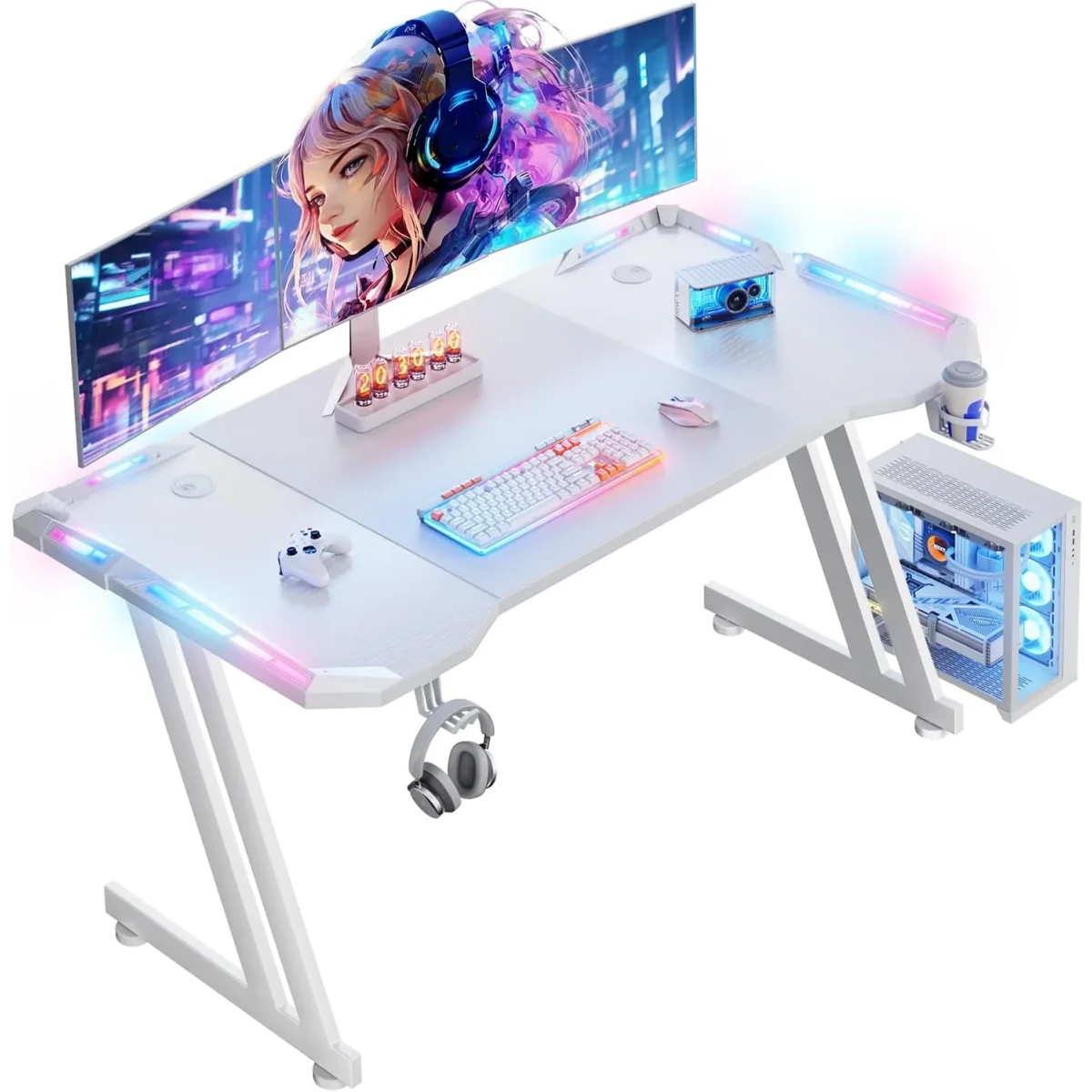 طاولة ألعاب HLONONE 120 × 60 سم بإضاءة RGB LED، أبيض - Image 2