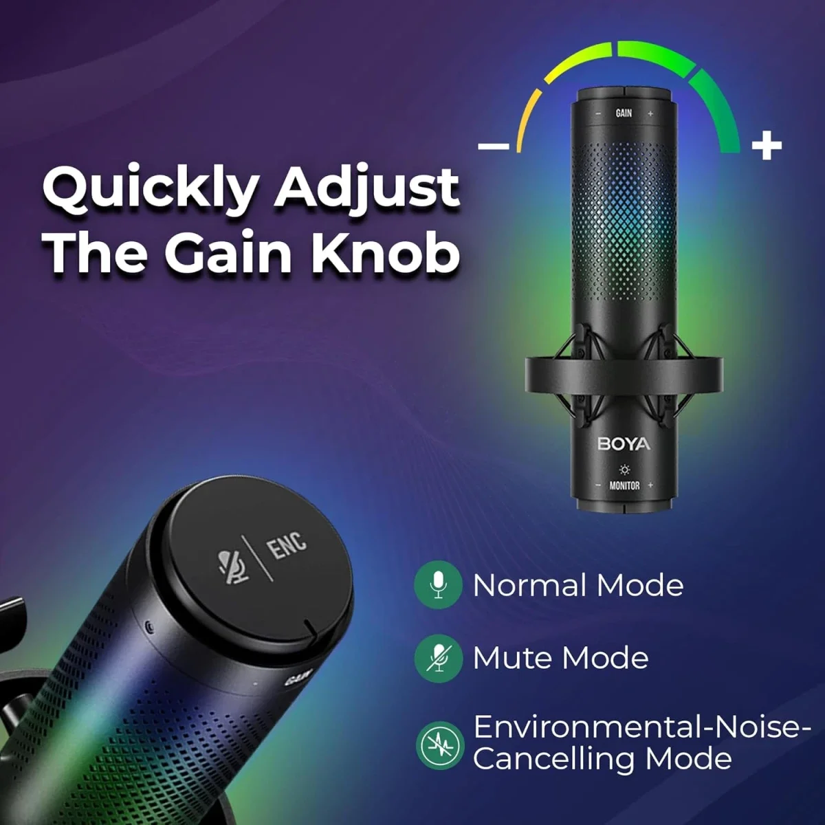 ميكروفون مكثف للألعاب Boya K9 RGB USB-C مع طقم فلتر بوب وحامل مضاد للصدمات - أسود - Image 6