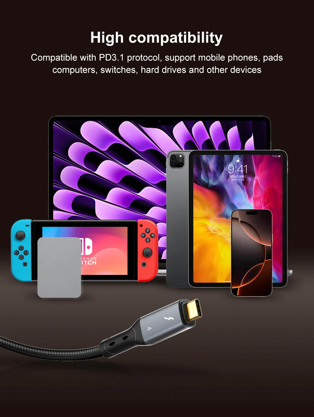 LDNIO TC11C Thunderbolt 4 Certified USB-C to USB-C Cable 40Gbps 240W 1M Black - Thumbnail 8