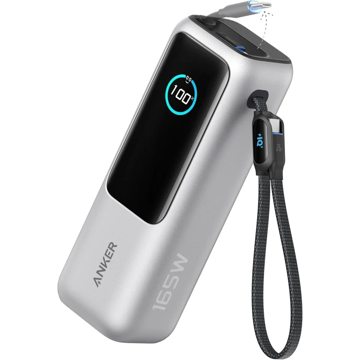 Anker Zolo Power Bank 165W 25,000mAh Portable Charger with Triple 100W USB-C Ports, Built-In & Retractable Cables - Silver