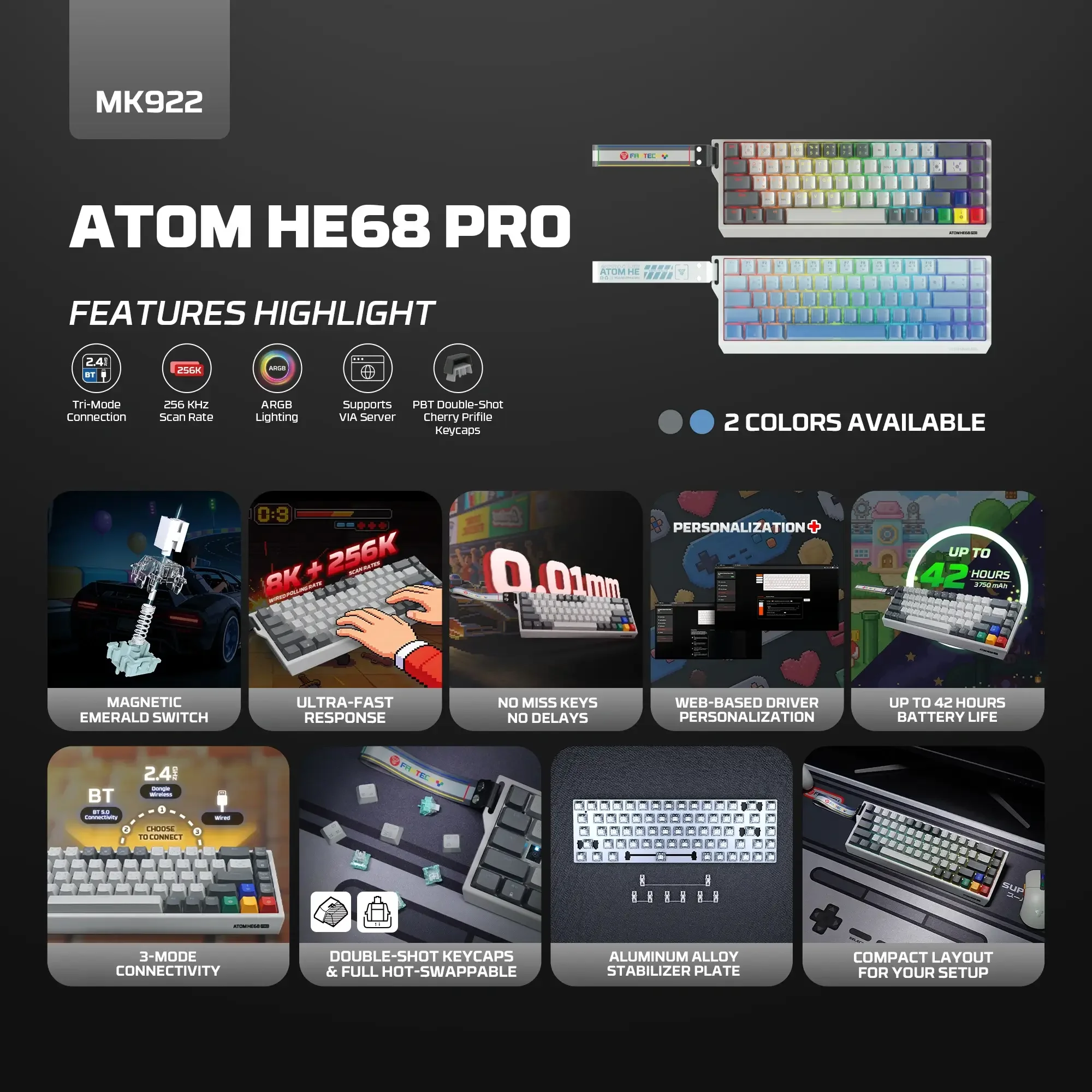 Fantech MK922 ATOM HE68 PRO Wireless Magnetic Gaming Keyboard Super Maxfit Edition Tri-Connection Mode - Image 5