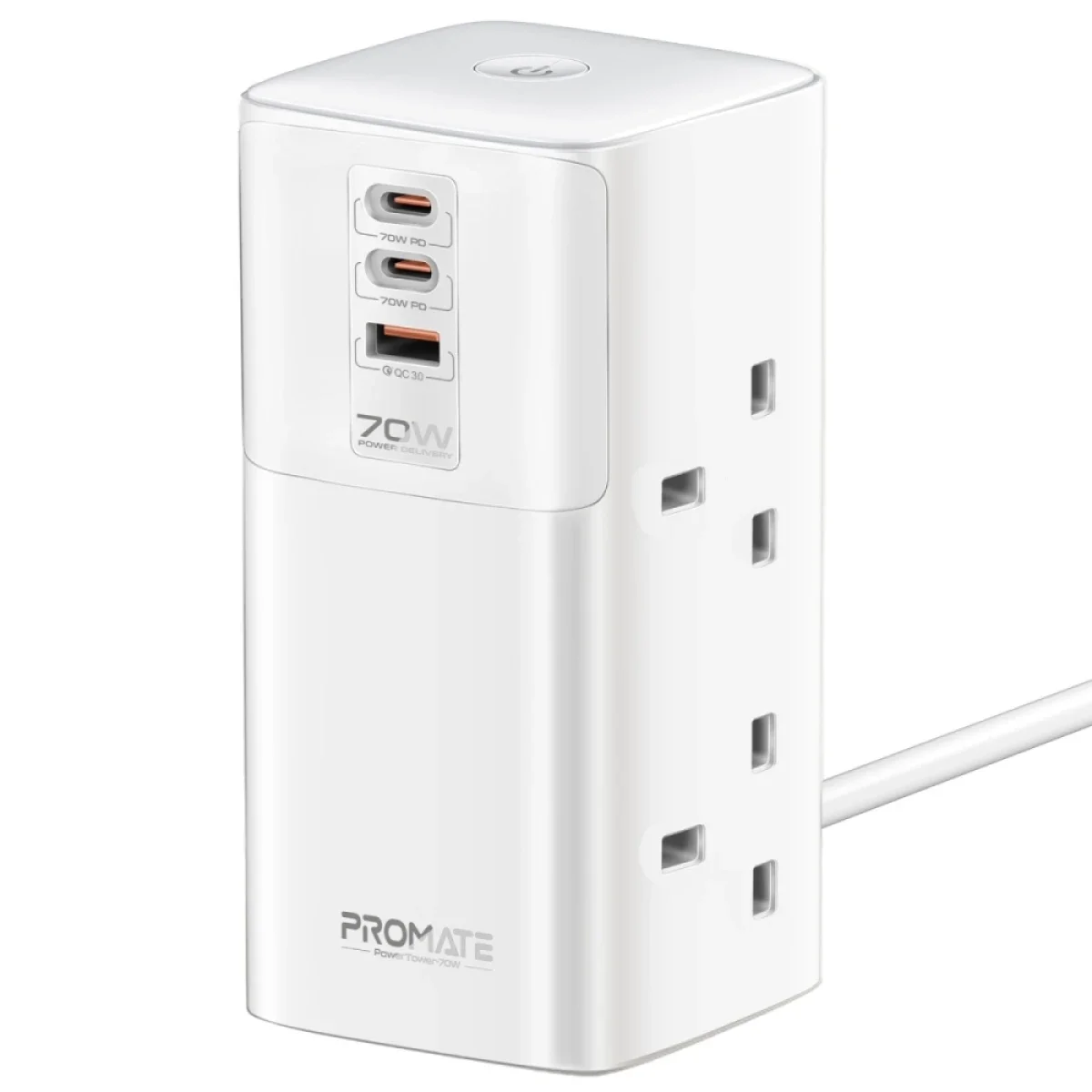 Promate PowerTower-70W Multi-Port Charging Station with Dual PD 70W USB-C, QC 3.0 30W and 4 Universal AC Sockets