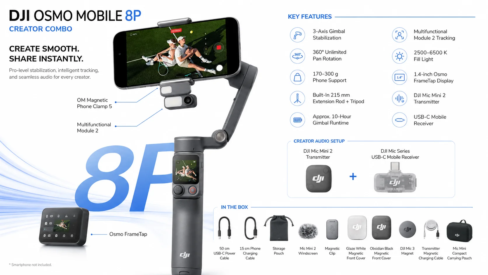 مثبت هاتف ذكي DJI Osmo Mobile 8P Creator Combo ثلاثي المحاور مع Mic Mini 2 - Thumbnail 5