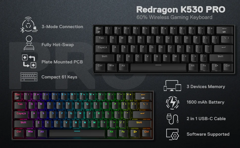 Redragon K530 Pro Draconic 60% Wireless RGB Mechanical Gaming Keyboard, 61 Keys, Brown Switches, Black - Thumbnail 9