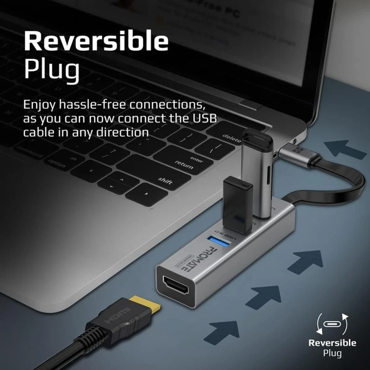 محول USB-C إلى HDMI من الألومنيوم Promate MediaHub-C3 مع 3 منافذ USB 3.0 ودقة 4K 30Hz - Image 3