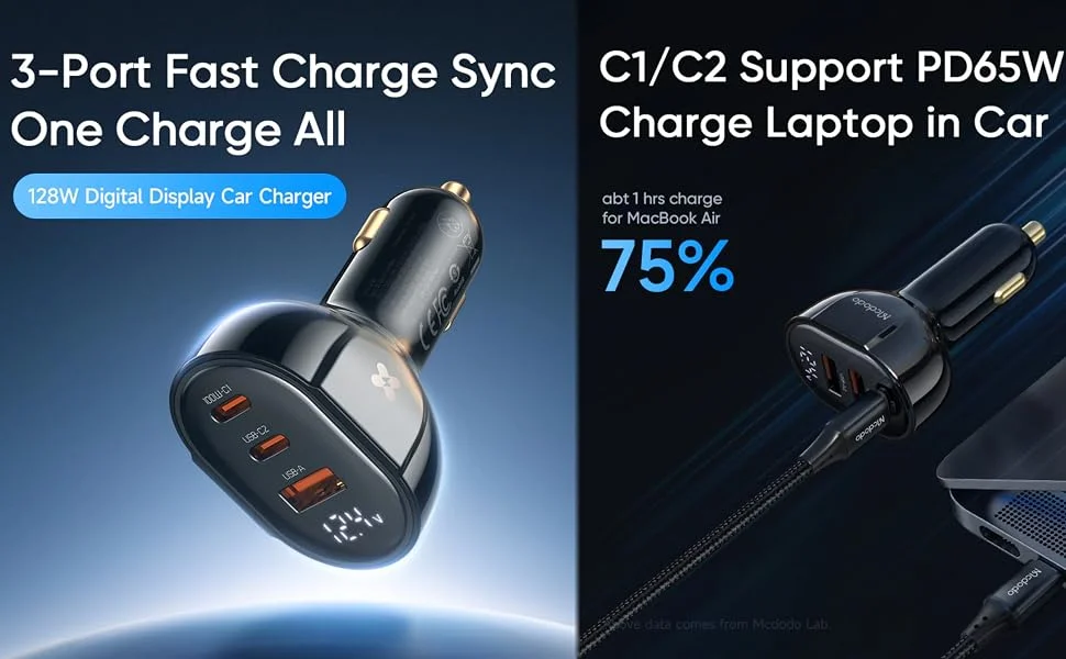 Mcdodo CC-4450 128W Digital Display 2 USB-C + USB-A PD Fast Car Charger - Thumbnail 8