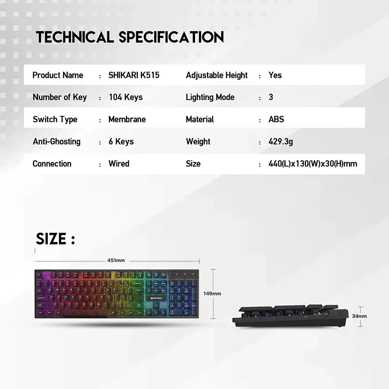 كيبورد Fantech SHIKARI K515 سلكي للألعاب ممبرين RGB، 104 مفاتيح، أسود - Image 4