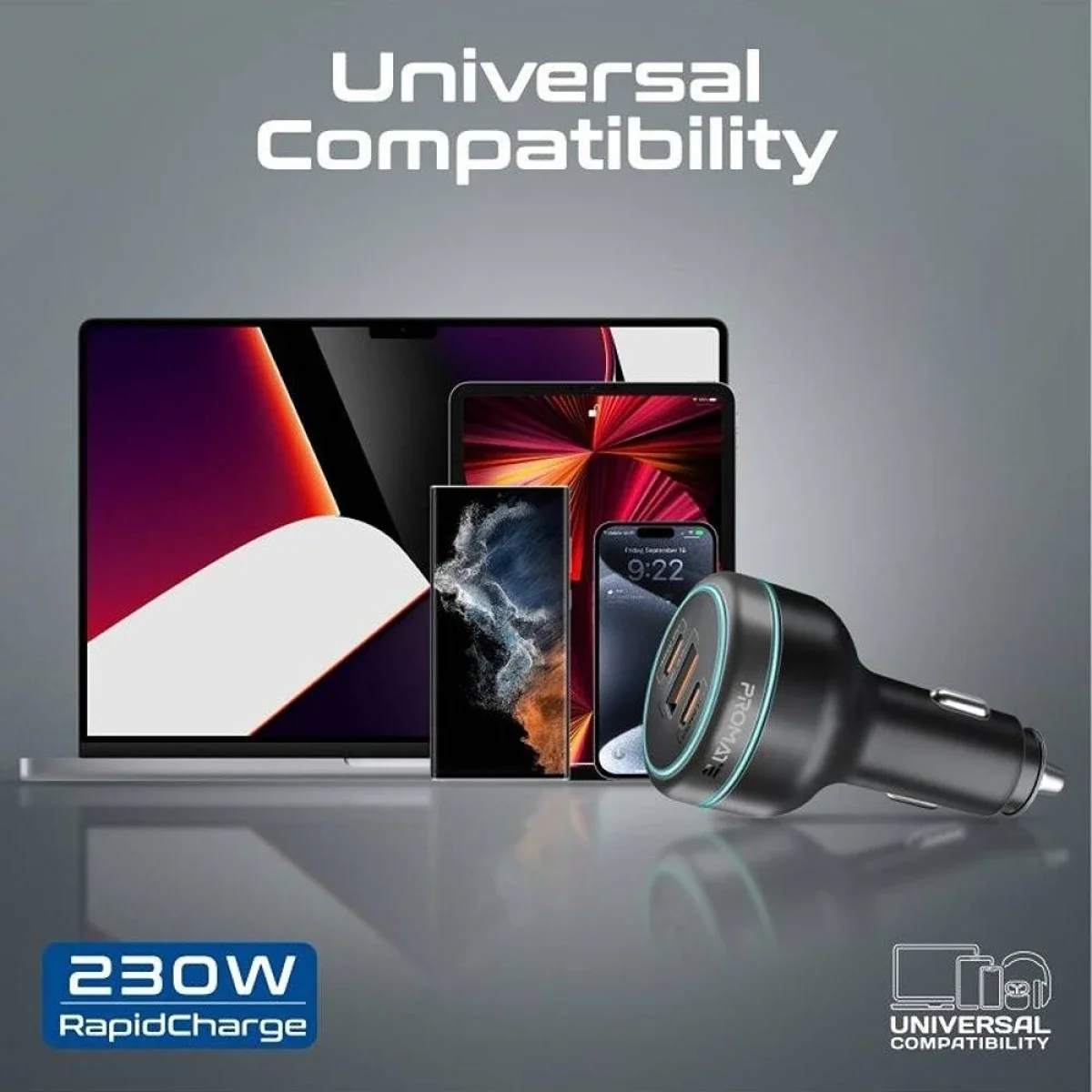 شاحن موبايل للسيارة Promate 230W بمنفذي USB-C بقدرة 140W/45W ومنفذ USB-A 45W - أسود - Image 5