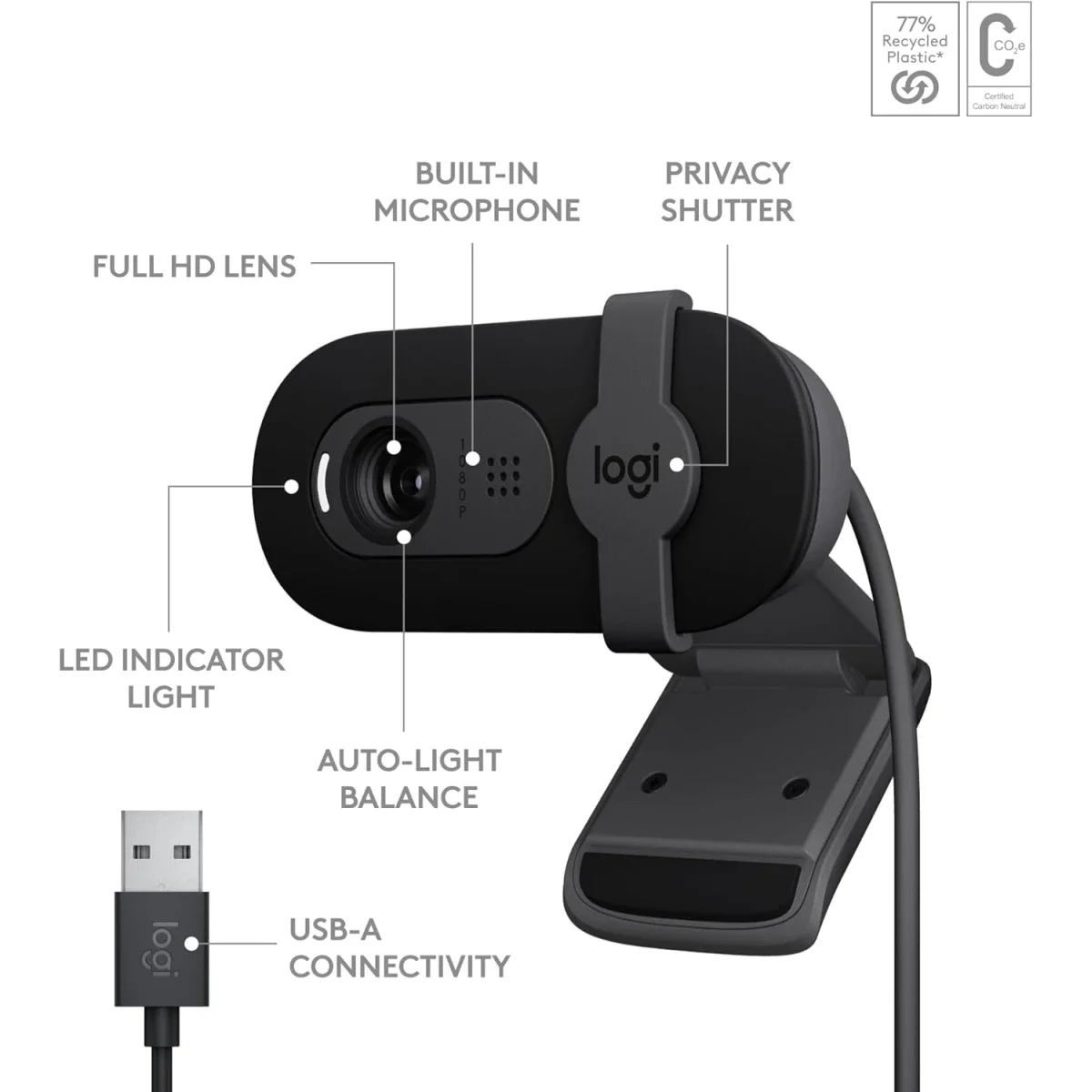 كاميرا ويب Logitech Brio 100 بدقة Full HD 1080p مع ميكروفون مدمج وغطاء خصوصية - أسود - Image 6