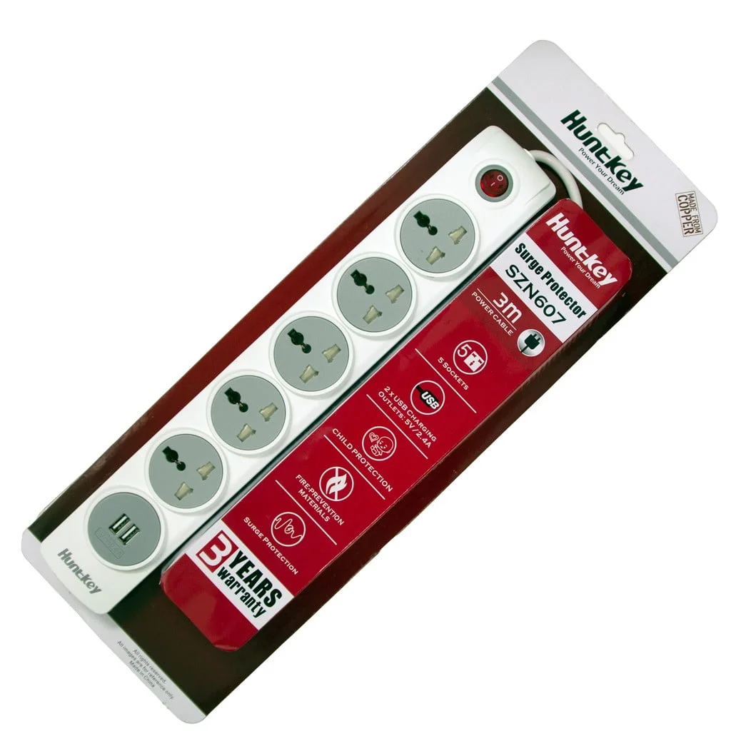 Huntkey SZN 607 Universal Power Strip, 5 Sockets, 2 USB Charging Ports (5V, 2.4A), 3m Cable, Surge Protection, Child-Protective Shutters, White