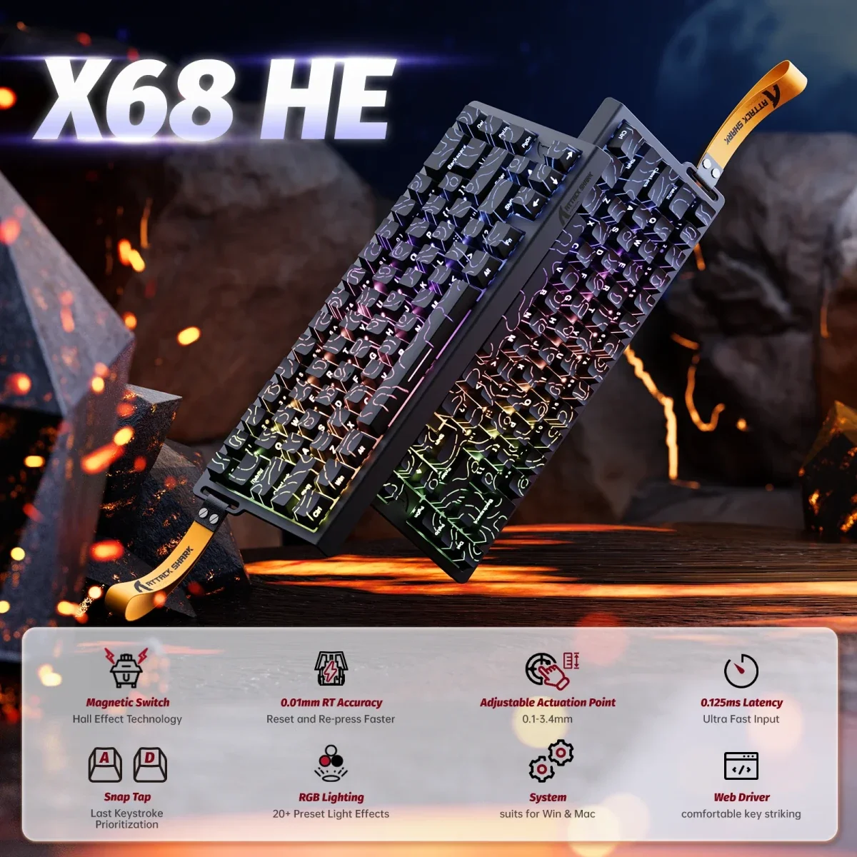 كيبورد ألعاب ATTACK SHARK X68 HE مغناطيسي سلكي 65% Black Contours - Image 3