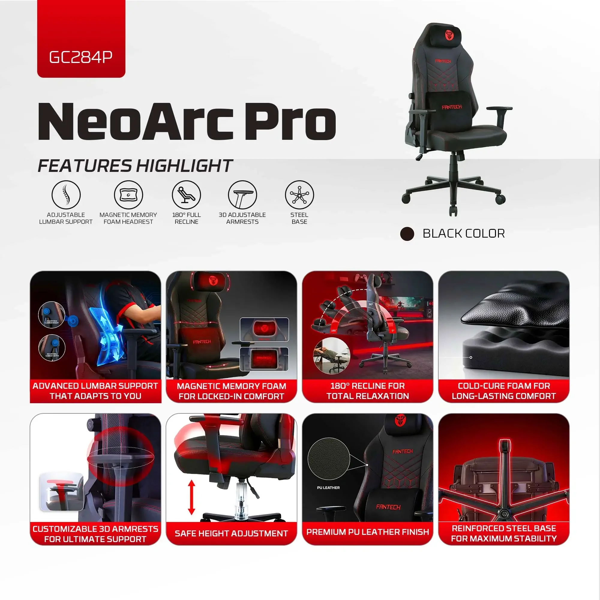 Fantech GC284P NEO ARC PRO Gaming Chair with Magnetic Memory Foam Headrest and Adjustable Lumbar Support - Image 7