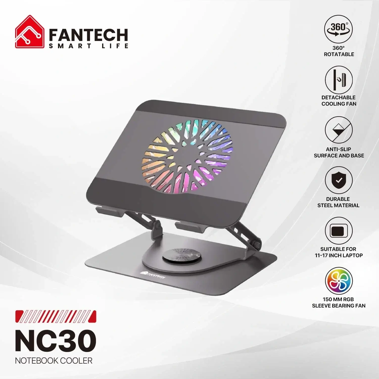 قاعدة تبريد لابتوب Fantech NC30 RGB مغناطيسية مع مروحة 155 مم - Image 2