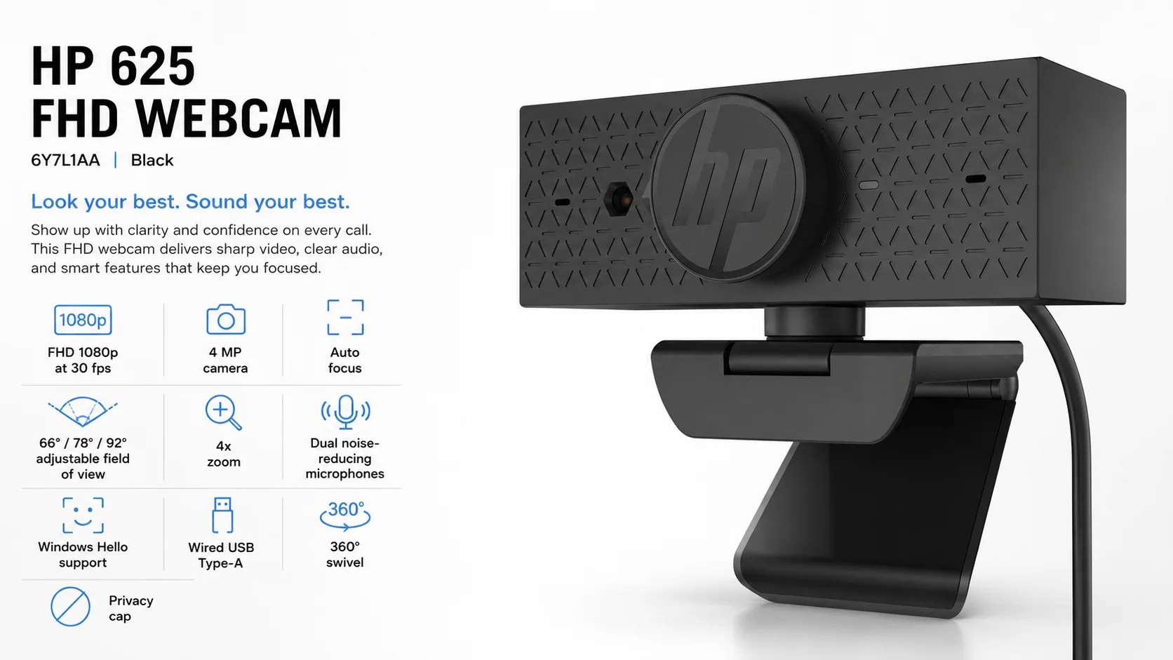 HP 625 Full HD 1080p 4MP Webcam with Windows Hello and Auto Focus - Image 4