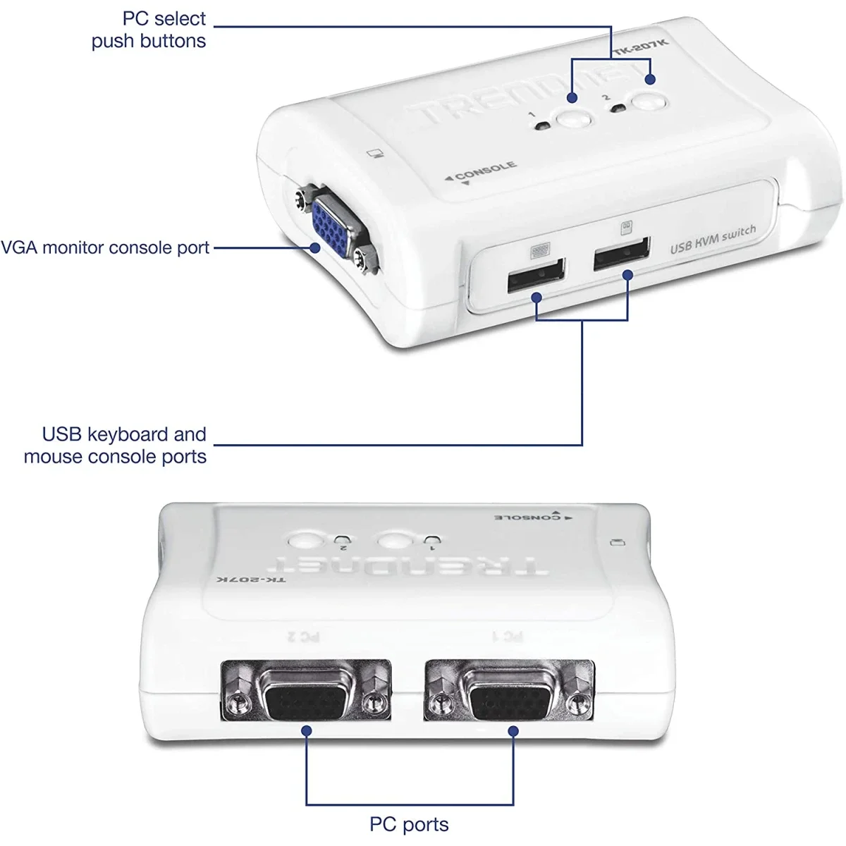 سويتش KVM USB بـ 2 منفذ TRENDnet TK-207K مع طقم كابلات - Image 3