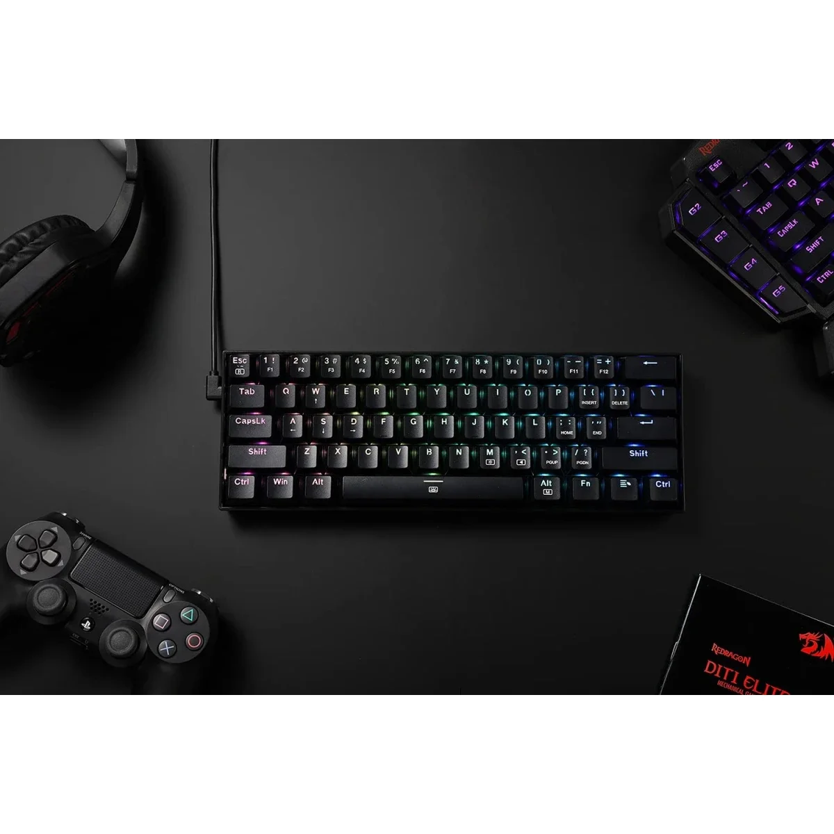 كيبورد ألعاب ميكانيكي Redragon K630 Dragonborn سلكي RGB بنسبة 60%، 61 مفتاح، سويتش أزرق خطي، أسود - Thumbnail 3