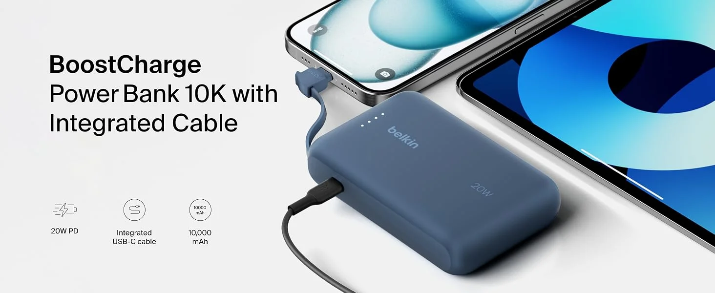 باور بانك Belkin BoostCharge بسعة 10000mAh مع كابل USB-C مدمج وشحن PD بقوة 20W - أزرق - Thumbnail 8
