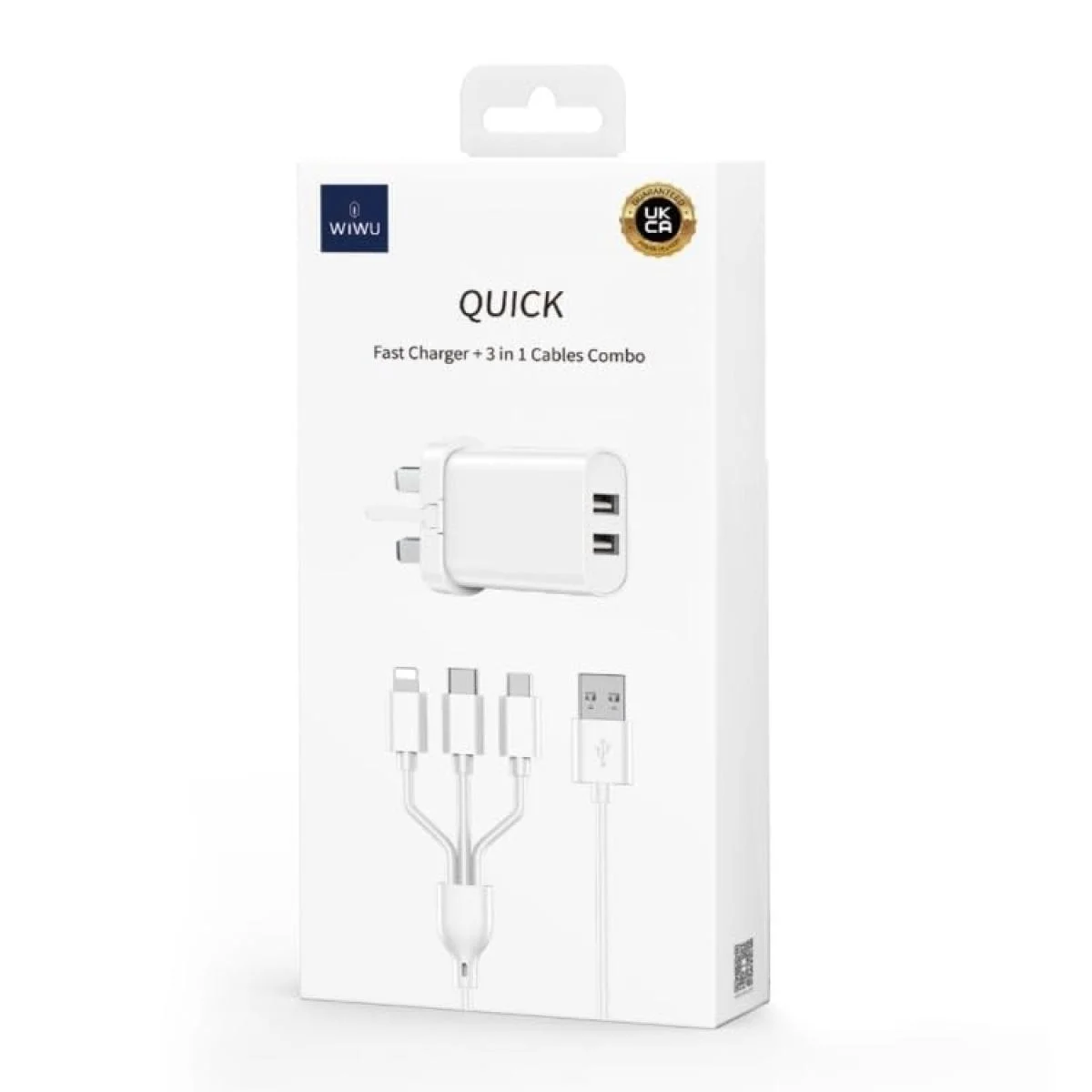 شاحن حائط WIWU Wi-U003 Quick Series بمنفذي USB مع كابل شحن وبيانات 3 في 1، قابس بريطاني، أبيض - Image 5