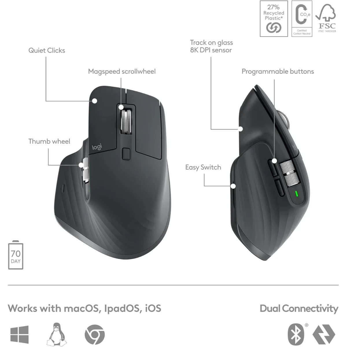 طقم كيبورد وماوس Logitech MX Keys S Combo مع MX Master 3S لاسلكي، مسند راحة، إضاءة ذكية، بلوتوث، USB-C، عربي/إنجليزي، جرافيت - Image 8