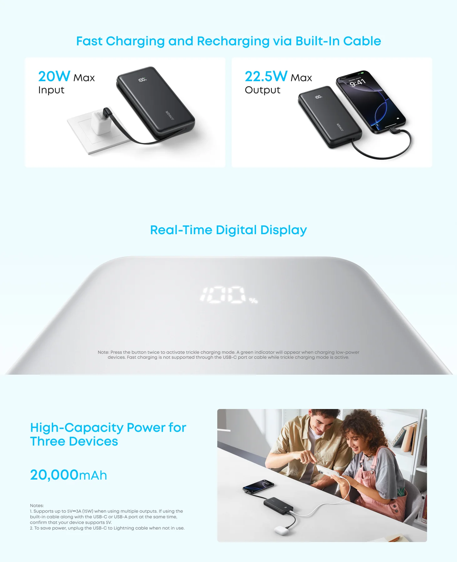 باور بانك Anker Zolo 20000mAh بقدرة 22.5W شحن سريع مع كابل USB-C مدمج أسود - Image 6